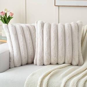 lot 8004 image: FUTEI 2-Pack Faux Rabbit Fur Throw Pillow Covers 16x16 Beige, Plush
