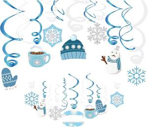 lot 7743 image: Christmas Snowman and Snowflake Winter Hanging Swirl Decorations - 30Ct