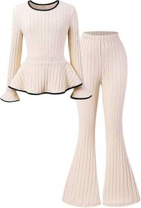 lot 7746 image: SOLY HUX Girls 2 Piece Bell Long Sleeve Peplum Top & Flare Pants Set 11Y