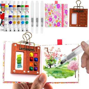 lot 7761 image: Pocket Wooden Paint Palette with Metal Clip, Watercolor Set with Sketchbook
