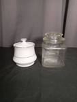 lot 6806 image: 2-Piece Lot White Ceramic Covered Container and Glass Jar with Lid