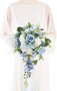 lot 9436 image: $70 12-Inch Cascade Bridal Bouquet, Dusty Blue & White, Silk Flowers