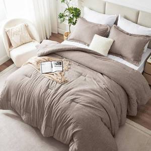 lot 9485 image: Queen Comforter Set 3 Pieces, Khaki Luxury Bedding with 2 Shams
