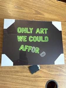 lot 9509 image: 16 x 12 canvas wall art with light-up saying Only art we could afford