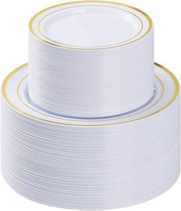 lot 9525 image: $50 BESTVIP Gold Plastic Plates, 200pcs Disposable Party Plates