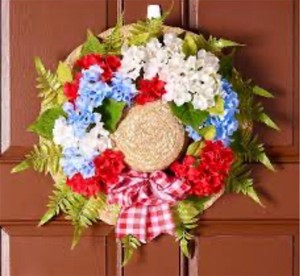 lot 9535 image: Girl Next Door 18 Faux Hydransea Hat Wreath RedWhiteBlue