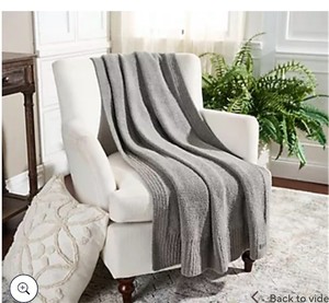 lot 9557 image: Barefoot Dreams CozyChic Stacked Rib Border Blanket 45x60 Smokey Blue