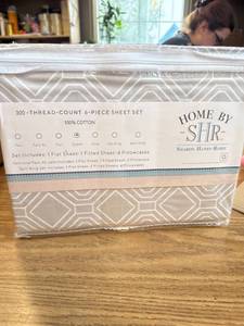 lot 9633 image: Home by SHR 300TC Cotton Printed Trellis Sheet Set, Soft Grey, Queen