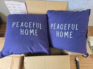 lot 9660 image: Peace Love World Set of 2 18 x 18 Vintage Terry Pillows