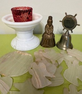 lot 528 image: Milk Glass Candle Holder, Brass Bells and Bird Wind Chime