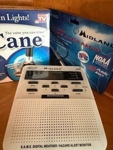 lot 502 image: Trusty Cane w Box and a Midland Weather Alert Radio