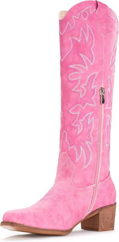 lot 491950 image: IUV Cowboy Boots For Women Knee High Western Cowgirl Boots Snip Toe Side Zipper Chunky Heel