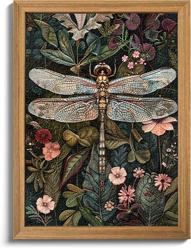 lot 101623 image: Framed Vintage 3D Textured Wall Art - Dark Green Dragonfly Flowers Wall Decor - Hand Drawn Sandstone Nature Botanical Pictures for Living Room Bedroom Home Decor 24x36in