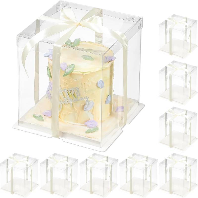 lot 431406 image: 8 Pcs Clear Gift Box with Ribbon 3-Layer 10x10x12 Inch, Transparent Cake Carrier Box with Lids, PET Tall Cake Packaging Boxes, Clear Gift Boxes for Birthday,Wedding and Festival Party