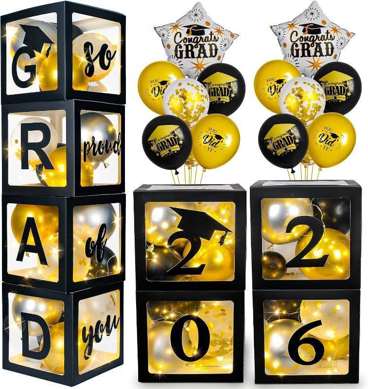 lot 321463 image: AYGXU Graduation Decorations 2026-Graduation Party Decorations,Graduation Balloons Boxes(4PCS) with LED Light Strings & Letters 2026 GRAD So Proud of You,Party Favors For Any Grades Class.