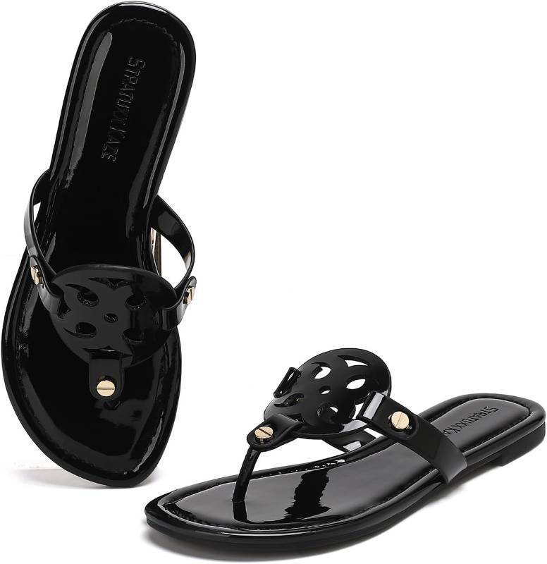 lot 421548 image: Stratuxx Kaze Womens Dressy Patent Leather Thong Sandals with Memory Foam,Comfy Beach Slides Slip On Flat Sandals for Women