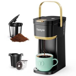 lot 1532 image: Tastyle Mini Single Serve Coffee Maker for K Cups and Grounds with Handle