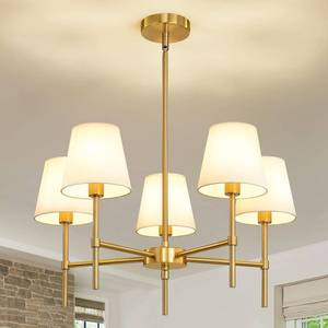lot 1542 image: RUIYEY Dining Room Chandeliers Light - 5-Light Gold Modern Chandeliers Light Fixtures with White Fabric Shade, Height Adjustable Pendant Island Light for Entryway Farmhouse