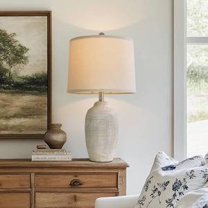 lot 1544 image: USumkky 24 inch Vintage Ceramic Table Lamp with 5FT Cord - Single Farmhouse Rustic Bedside Lamp with Natural Textured Finish, Nightstand Lamps for Living Room, Bedroom, End Table Beige