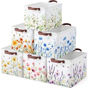 lot 1558 image: Fourluoo 6 Pack Floral Storage Basket with Handles Clothes Storage Basket Bin Foldable Box Bins Organizer for Closet Shelf Nursery Kid Room Book Toy Chest(6,Flower)