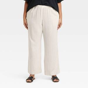 lot 2077 image: Womens Mid-Rise Wide Leg Linen Pull-On Pants - A New Day White Striped 1X Seam Pocket, Adjustable Waistband