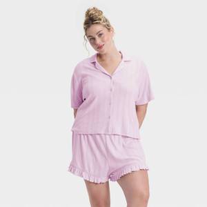 lot 2089 image: Womens Pointelle Notch Collar Shirt and Shorts Pajama Set - Wild Fable Purple 2X