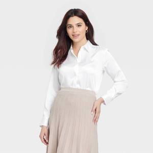 lot 2096 image: Womens Long Sleeve Collared Satin Button-Down Shirt - A New Day White XL Relaxed Fit, Lightweight, Machine Washable