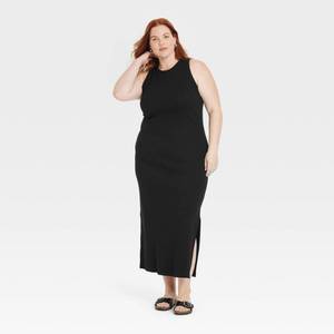 lot 2099 image: Womens Rib-Knit Maxi Bodycon Dress - Universal Thread Black 4X Heavyweight Cotton Blend, Highneck, Sleeveless, Side Slit