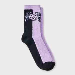 lot 2116 image: Womens Skeleton Heart Hands Jack - o - Lantern Halloween Cozy Crew Socks - Hyde and EEK Boutique PurpleBlackWhite 4 - 10