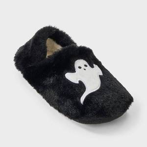 lot 2118 image: Womens Ghost Embroidered Halloween Faux Fur Slipper Socks with Grippers - Hyde and EEK Boutique BlackWhite SM