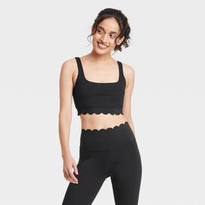 lot 2121 image: Womens Scallop Detail Sports Bra - JoyLab Black XL Light Support, Padded, Removable Padding, Pullover