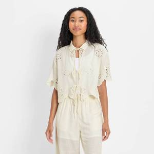 lot 2129 image: Womens Short Sleeve Embroidered Tie-Front Blouse - Future Collective Cream XL