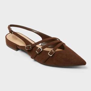 lot 2142 image: Womens Twiggy Multi Buckle Mini Heel Flats with Memory Foam Insole - A New Day Brown 8 Faux Suede, Pointed Toe