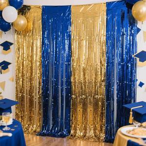 lot 2157 image: Ishua 2pcs Foil Fringe Curtains Blue and Gold, 3.3x6.6ft Tinsel Streamer Backdrops Foil Fringe Curtains for Birthday, Graduation Party