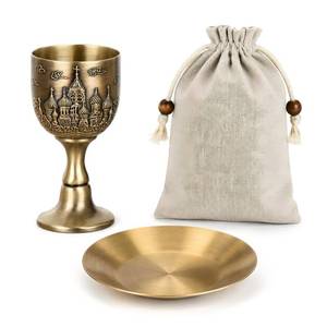 lot 2163 image: Ferrochef Embossed Brass Ritual Altar Chalice Set with Metal Tray and Storage Pouch Medieval Vintage Goblet Wine Cup Religious Spiritual Ceremony Drinking Cup Gift Home Collection
