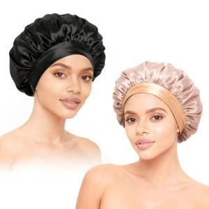 lot 2164 image: 2Pcs Satin Hair Bonnets,Silk Bonnet for Sleeping, Soft Elastic Band Silk Sleep Cap, Hair Wrap for Women (Gold Black)