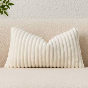 lot 2170 image: Kevin Textile Soft Plush 12x20 Inch Lumbar Pillow Cover 1 Pack, Luxury Fluffy Faux Fur Striped Flannel Rectangle Cushion Case for Couch Sofa Chair Bed Home Decor, Cream White