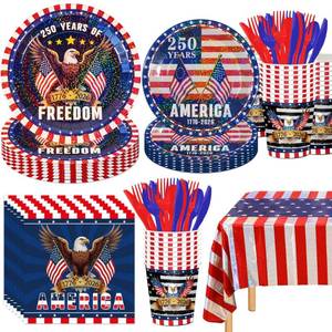 lot 2185 image: Iridescent USA 250 Years Anniversary Party Tableware Decorations Kit, Holographic Laser Plates(9in7in), Sparkling Patriotic Tablecloth 9ft, Cups Napkins for 4th of July, Kids Birthday, Patriotic Party