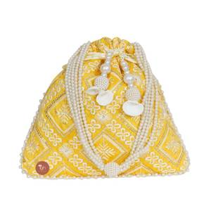 lot 2207 image: IGH Indian Chikankari Pattern Yellow Silk Potli with Moti Handle Royal Batwa Bag Bridal Purse Women clutch handbag