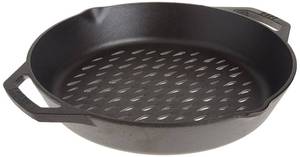 lot 2208 image: Lodge Pre-Seasoned Cast Iron Round Grilling Pan - Use on the Grill - Grilling Pan Designed to Protect Food from Falling Through the Grate - Cast Iron 12 Inch