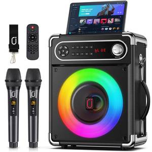 lot 7394 image: JYX Karaoke Machine with Two Wireless Microphones, Portable Bluetooth Speaker with BassTreble Adjustment, PA System with Remote Control, LED Lights,Supports TF CardUSBAUXTWS