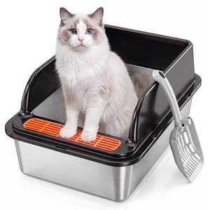 lot 7402 image: Jotesnew Stainless Steel Cat Litter Box, Odor Free High-Sided Metal Litter Box, Open Top Low Entry Litter Pan Design, Anti-Urine Leakage, Non-Stick, Easy to Clean, Scoop Included, Black