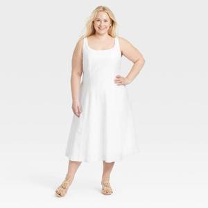 lot 8047 image: Womens Corset Midi A-Line Dress - A New Day White 24 Cotton Rayon Blend, Side Zipper, U Neck, Sleeveless