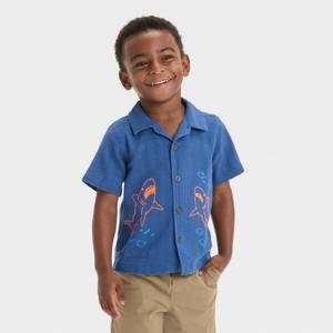 lot 8099 image: Toddler Boys Embroidered Shark T-Shirt - Cat & Jack Dark Blue 18M Button Down, Camp Collar