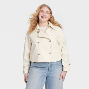 lot 8114 image: Womenfts Denim Cropped Trench Jacket - Universal Thread Off-White 2X Midweight, Double-Breasted, Woven