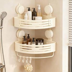 lot 8127 image: Structoline Corner Shower Caddy Bathroom Organizer2-Pack Cream White,No-Drilling Aluminum Suction Cup Corner Shower Shelf with Towel Bar and Hooks,Detachable and Reusable Bathroom and Kitchen Storage