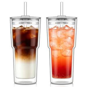 lot 9693 image: KEMORELA 2PCS 20oz Double Wall Glass Tumblers with Lids and Straws � Insulated Borosilicate Glass Matcha Cups for Iced Matcha Latte, Smoothies, Reusable Travel Glass Cups � Leak Proof 2-in-1 Lid