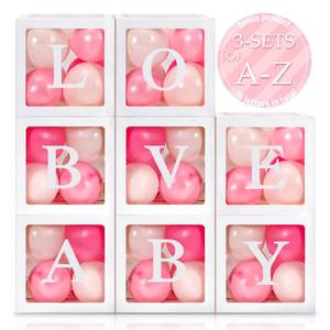 lot 9718 image: Geyee 8 Pcs Transparent Balloon Box with 78 Letters for Baby Shower 3 Sets of A-z Clear Balloon Box for Gender Reveal Birthday Bridal Wedding Decorations(White)