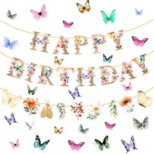 lot 10218 image: Flower Butterfly Happy Birthday Banner Wildflower Garland with Butterfly Sticker Set for Baby in Bloom Baby Shower Groovy Floral Fairy Butterflies Party Decorations