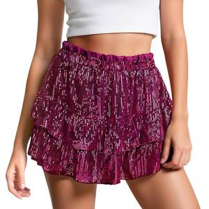 lot 10223 image: UpFind Women Sequin Skirt Sparkle Elastic High Waist Ruffle Glitter Rose Red Mini Short Skirts Sparkly Concert Outfits for Night Out Club Party